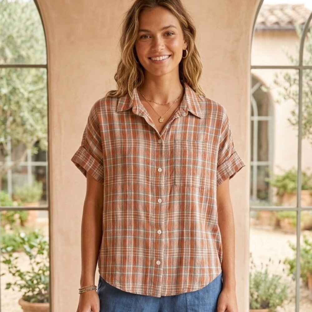 Natural Life Women Small Orange Green Plaid Short Sleeve Button Down Shirt Boxy